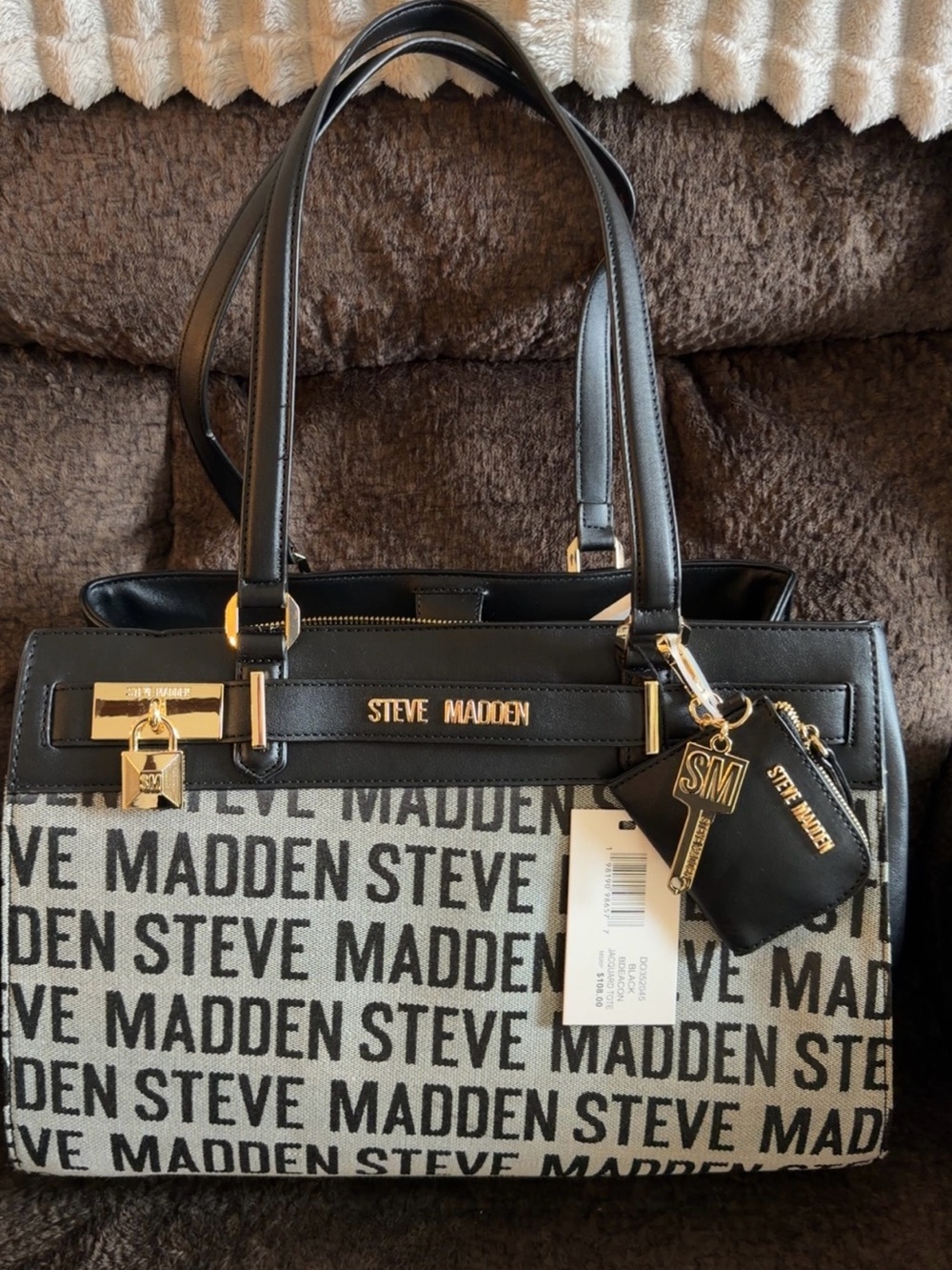 Steve Madden Black and Gray Logo Tote with Gold Accents